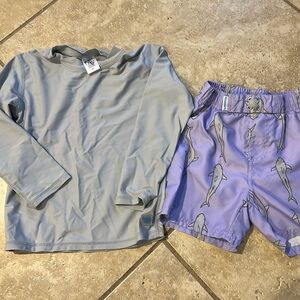 Rugged Butts swim trunks and rash guard